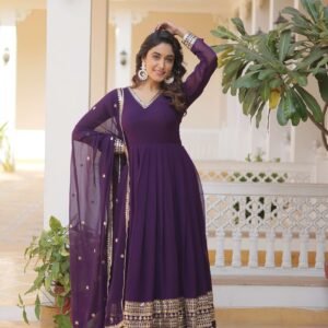 Purple Faux Blooming Designer Gown with Sequined Dupatta | Fully Flared Party Wear & Wedding Gown Set for Women