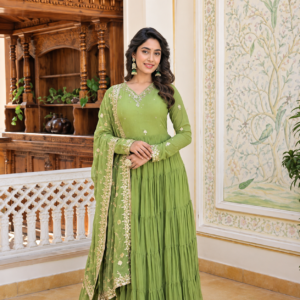 Green Faux Georgette Designer Gown with Sequined Dupatta | Fully Flared Ready-to-Wear Set