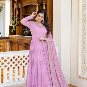 Purple Faux Georgette Gown Set with Sequined Dupatta | Designer Fully Flared Dress