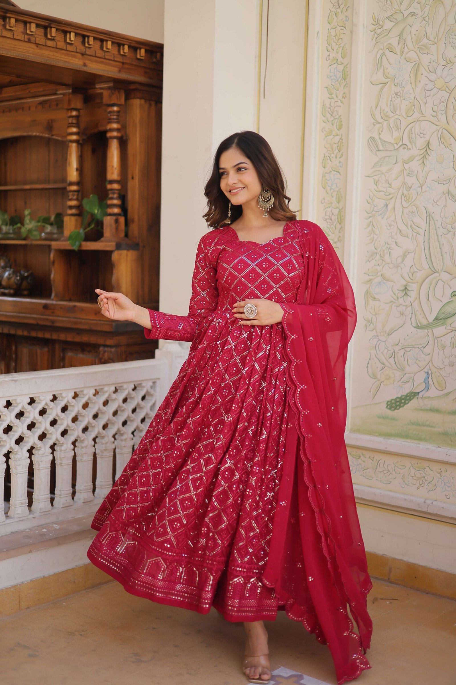 Rani Pink Faux Blooming Designer Gown with Sequined Dupatta | Fully Flared Party & Wedding Wear Gown Set - Image 4