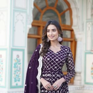 Wine Faux Blooming Designer Gown with Sequined Dupatta | Fully Flared Party & Wedding Wear Gown Set