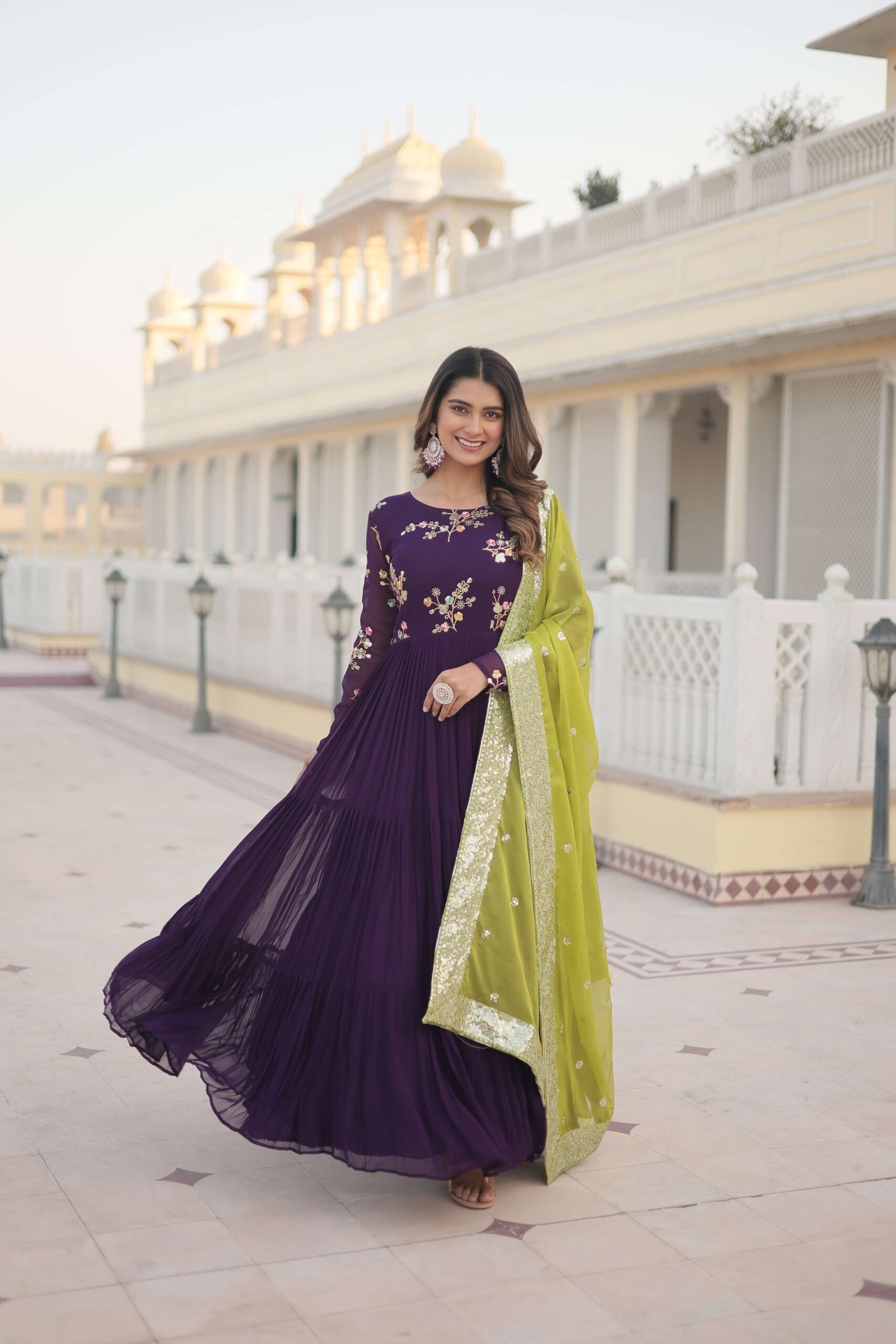 Purple Designer Gown Set with Russian Silk Sequined Dupatta | Faux Georgette Flared Party & Wedding Wear Dress - Image 3