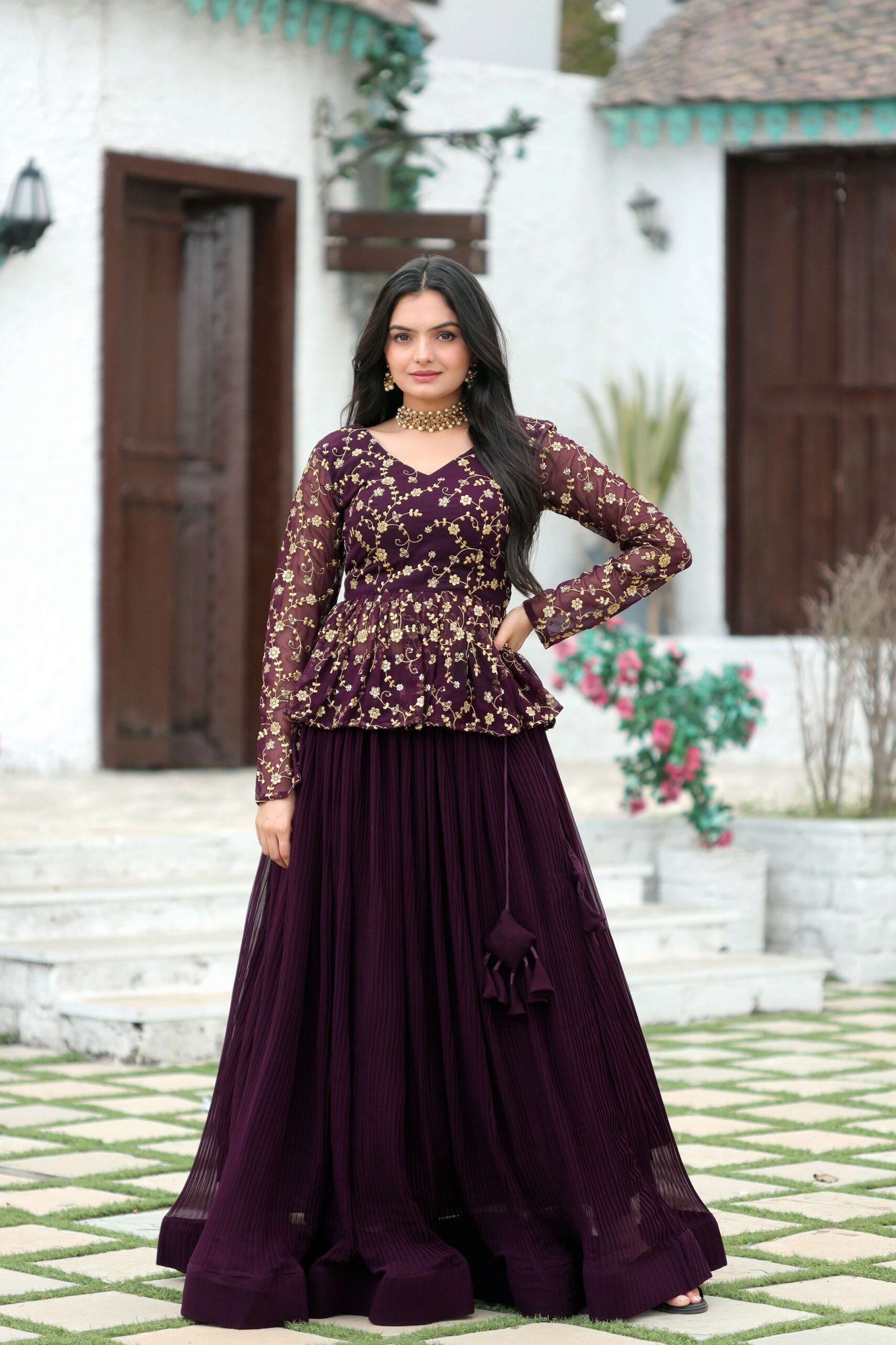 Premium Faux Blooming Crush Pleated Lehenga with Embroidered Sequins Blouse - Image 2