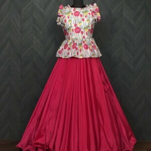 Premium Chinnon Lehenga with Kalamkari Print Maslin Satin Peplum Blouse