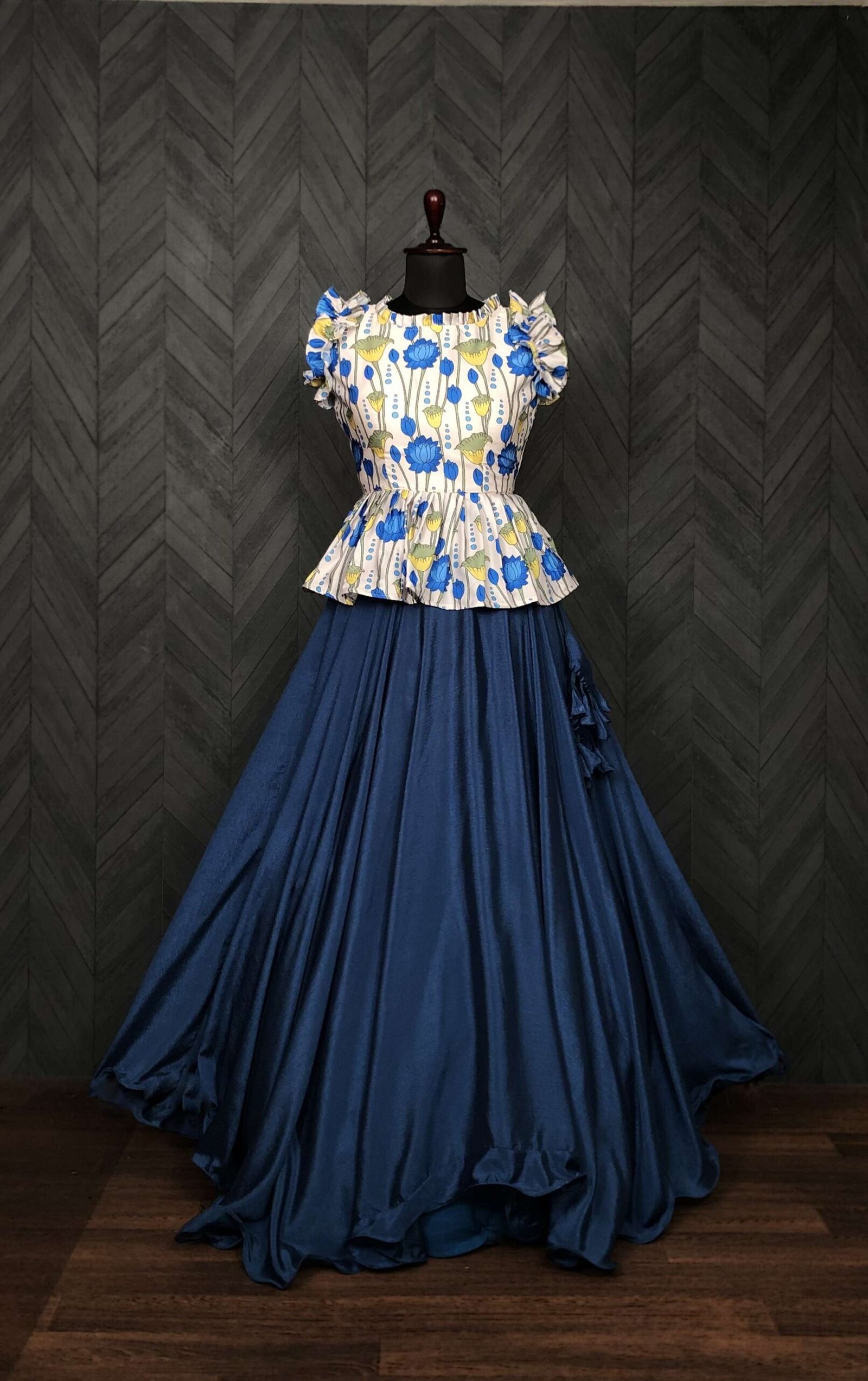 Premium Chinnon Lehenga with Kalamkari Print Maslin Satin Peplum Blouse - Image 2