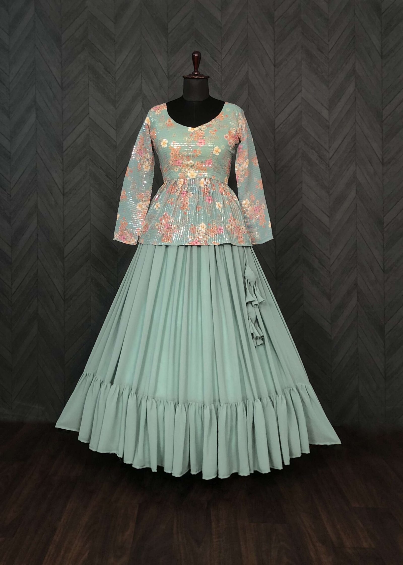 Premium Faux Georgette Lehenga with Floral Print & Sequins Embroidered Blouse