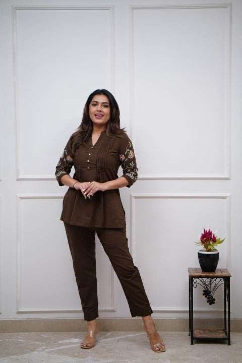 Women's Cotton Embroidery Straight Short kurti With Pant set