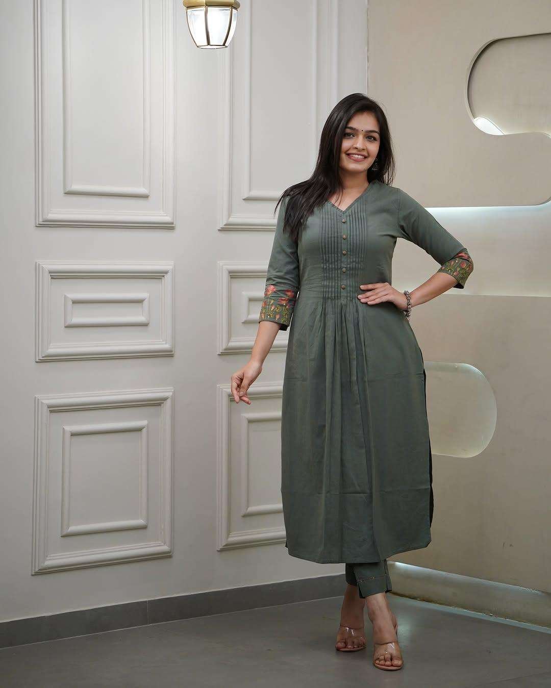 Women's Cotton Printed Flared Straight Kurti with Pant and Dupatta Set