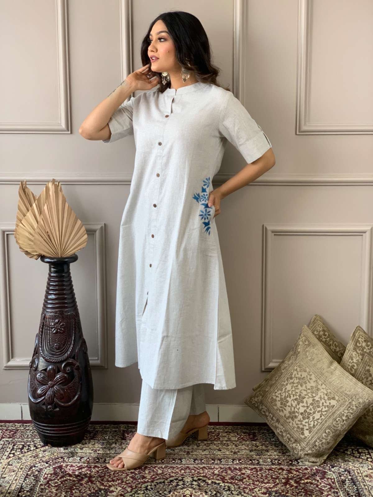 Women's Cotton Embroiderd Long A-Line Kurti with Palazzo