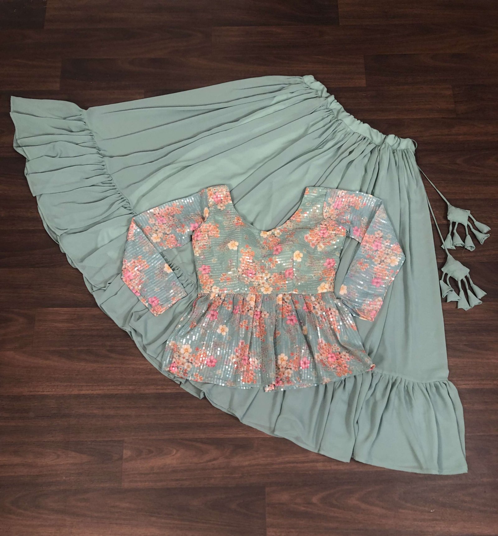 Premium Faux Georgette Lehenga with Floral Print & Sequins Embroidered Blouse - Image 3