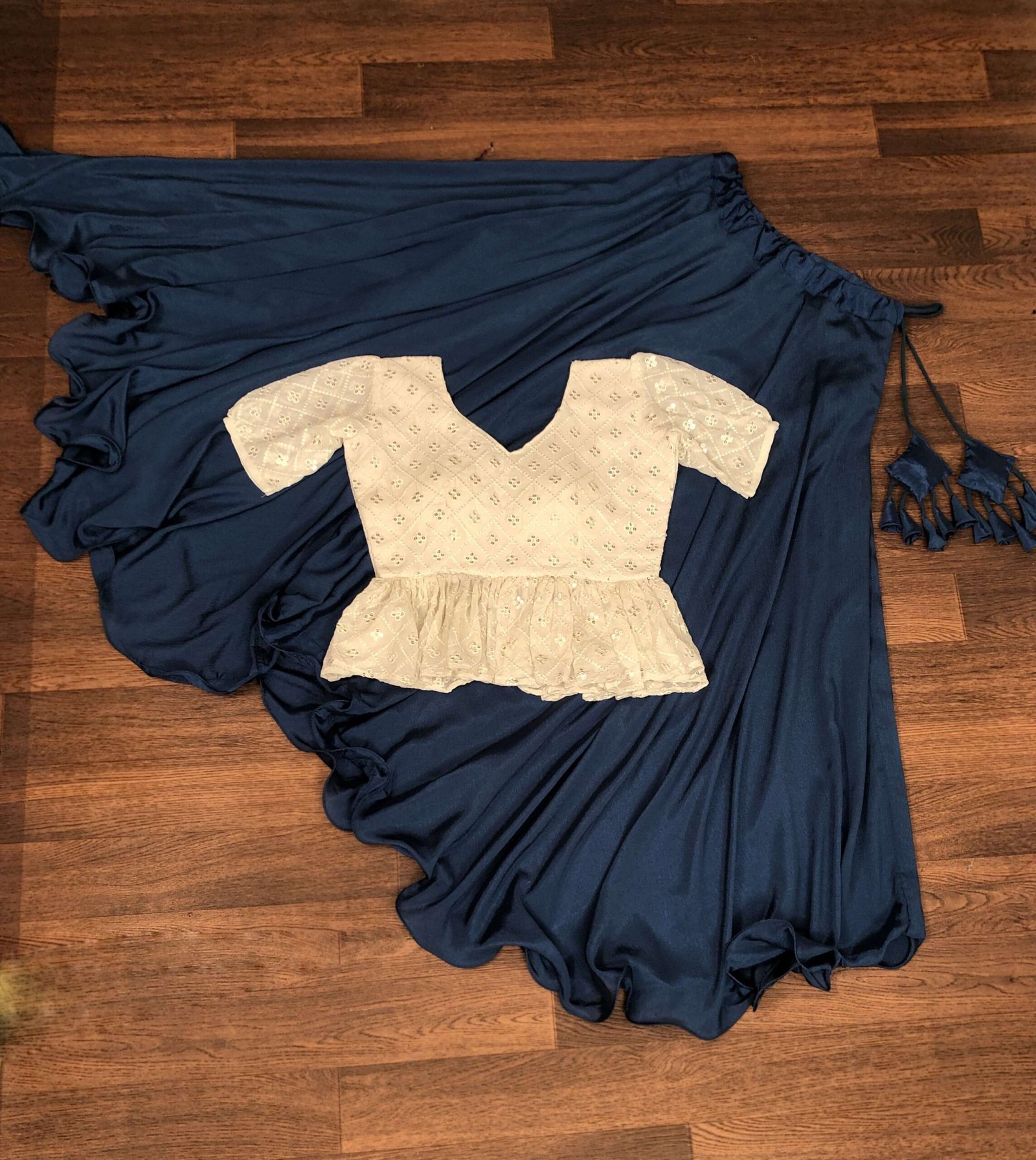 Premium Chinnon Umbrella Flair Lehenga with Chikankari Embroidered Peplum Blouse - Image 3