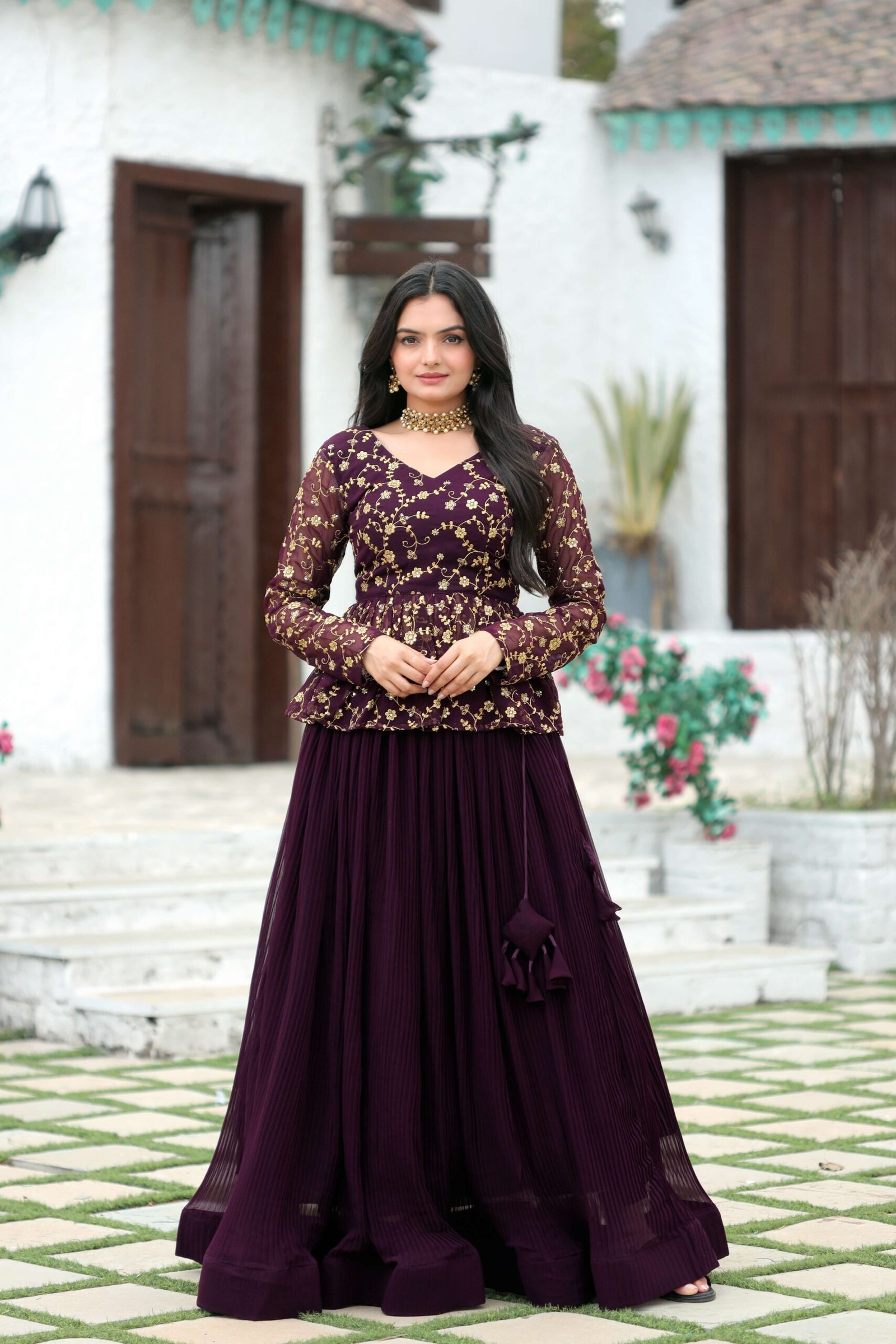 Premium Faux Blooming Crush Pleated Lehenga with Embroidered Sequins Blouse