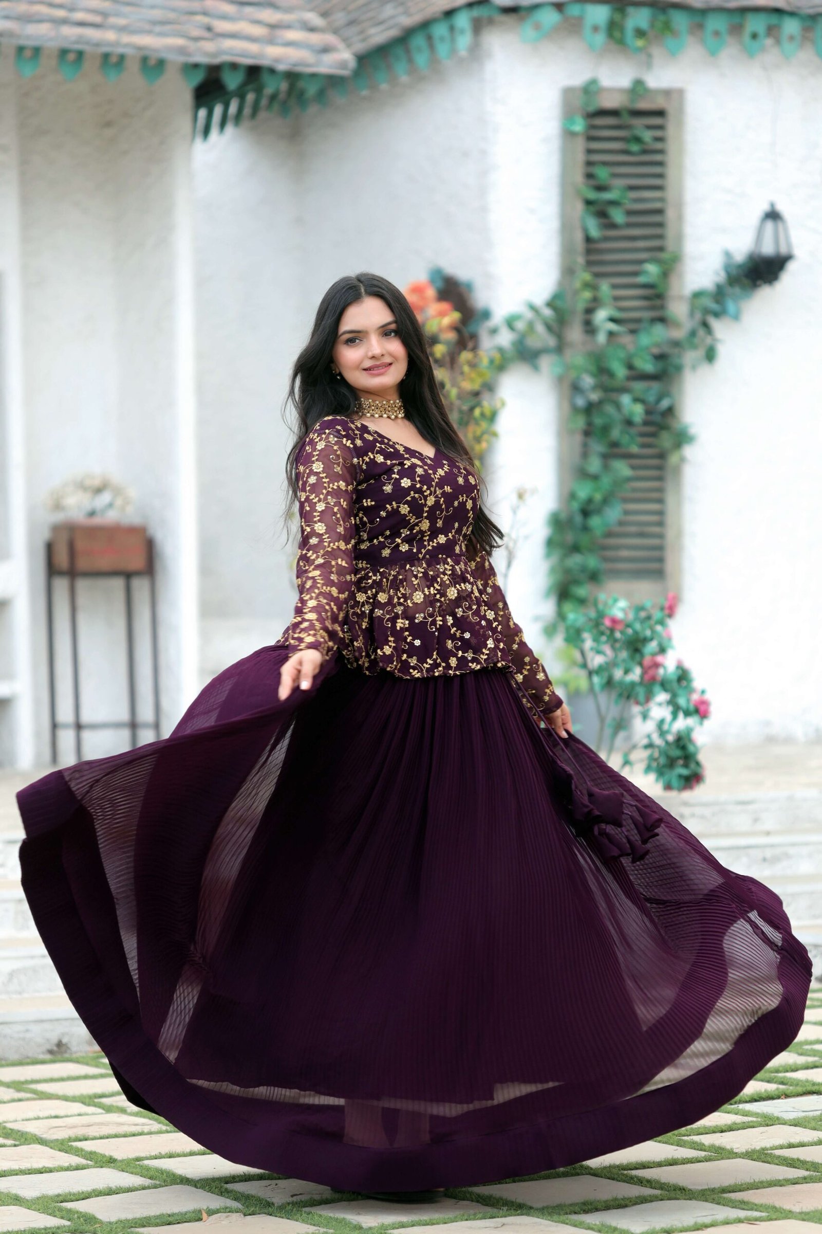 Premium Faux Blooming Crush Pleated Lehenga with Embroidered Sequins Blouse - Image 6